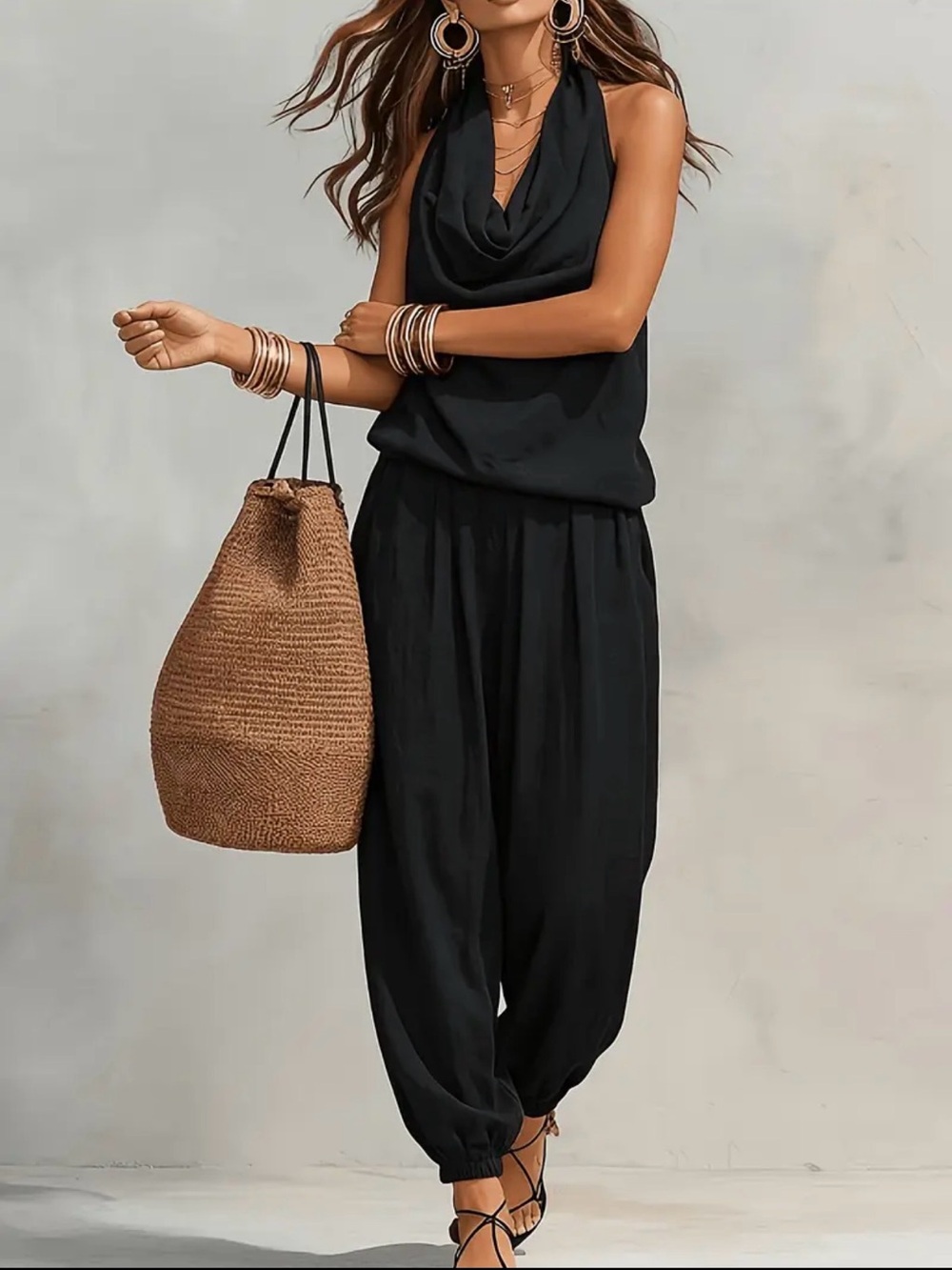 Women’s 2 piece Black Halter linen Jumpsuit. - Picture 4 of 8